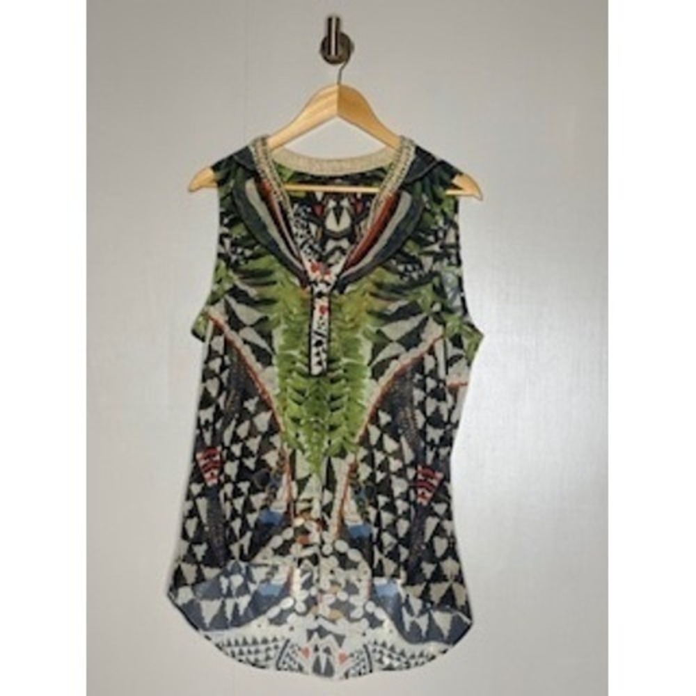 Hale Bob Sleeveless Beaded Neckline Tropical Geometric Print High Low Top L‎